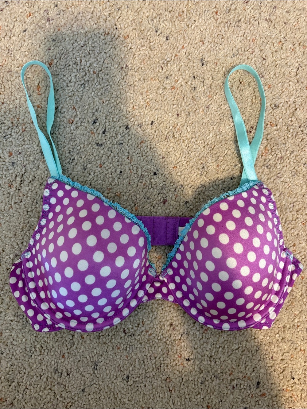 aerie Purple & White Polka Dot Underwire Katie Bra with Teal Straps